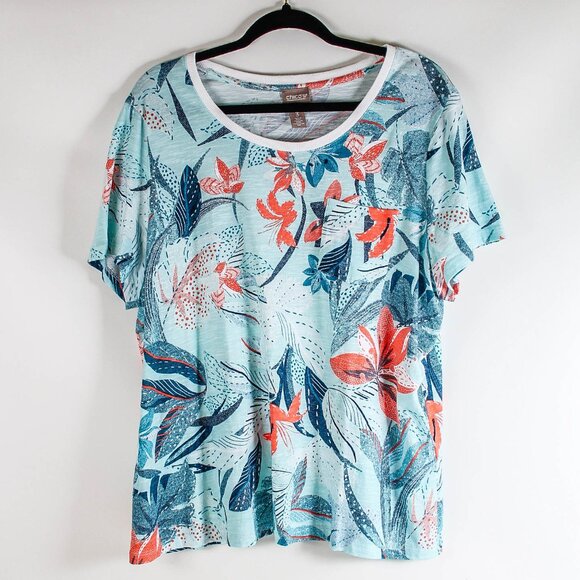 Chico’s Size 3 Blue Tropical Floral Tee Short Sleeve Pocket Cotton Top - Picture 2 of 8